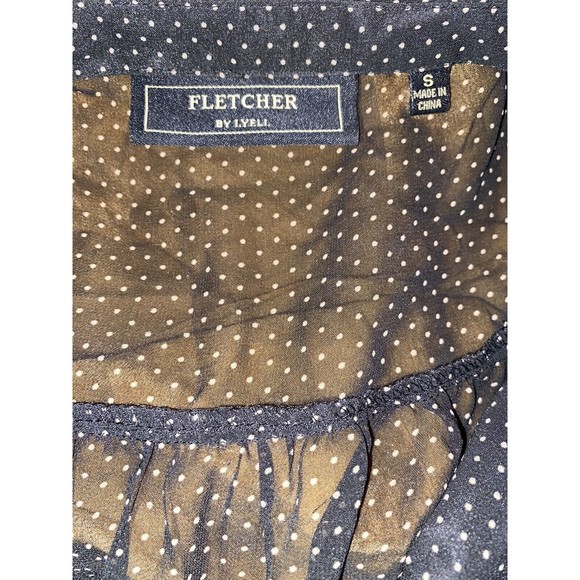 FLETCHER by LYELL Black Sheer Print Tie Neck Short Sleeve Blouse sz Small - Picture 5 of 7